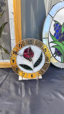 STAINED GLASS ITEMS AND A LARGE VASE