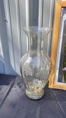 STAINED GLASS ITEMS AND A LARGE VASE