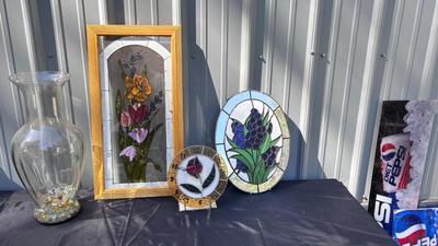 STAINED GLASS ITEMS AND A LARGE VASE