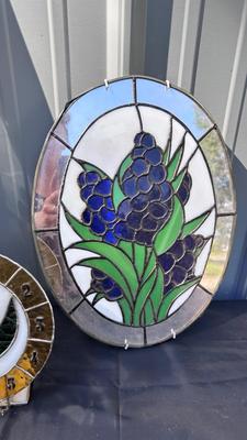 STAINED GLASS ITEMS AND A LARGE VASE