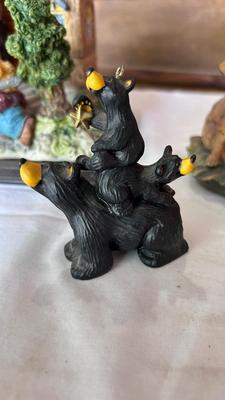 HOUSE CLOCK, PORCELAIN RABBITS, BEARS AND WOODEN ELEPHANT