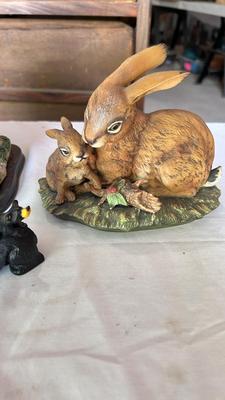 HOUSE CLOCK, PORCELAIN RABBITS, BEARS AND WOODEN ELEPHANT