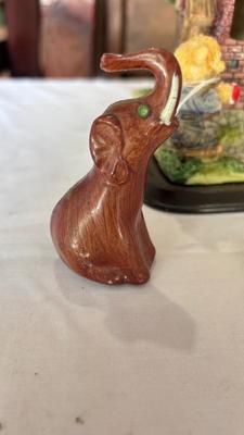 HOUSE CLOCK, PORCELAIN RABBITS, BEARS AND WOODEN ELEPHANT