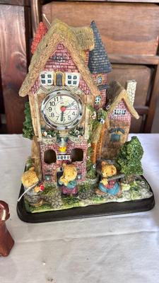 HOUSE CLOCK, PORCELAIN RABBITS, BEARS AND WOODEN ELEPHANT