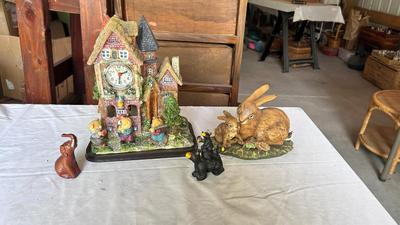 HOUSE CLOCK, PORCELAIN RABBITS, BEARS AND WOODEN ELEPHANT