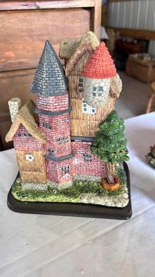 HOUSE CLOCK, PORCELAIN RABBITS, BEARS AND WOODEN ELEPHANT