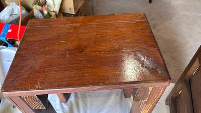 CUTE LITTLE WICKER DRAWER FRONT CHEST AND HOMEMADE WOODEN PLANT-STAND/SIDE TABLE