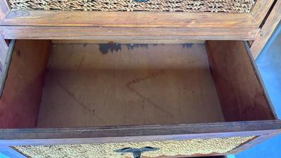 CUTE LITTLE WICKER DRAWER FRONT CHEST AND HOMEMADE WOODEN PLANT-STAND/SIDE TABLE