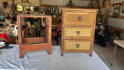 CUTE LITTLE WICKER DRAWER FRONT CHEST AND HOMEMADE WOODEN PLANT-STAND/SIDE TABLE
