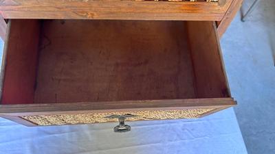 CUTE LITTLE WICKER DRAWER FRONT CHEST AND HOMEMADE WOODEN PLANT-STAND/SIDE TABLE