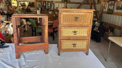 CUTE LITTLE WICKER DRAWER FRONT CHEST AND HOMEMADE WOODEN PLANT-STAND/SIDE TABLE