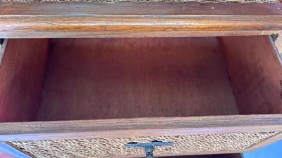CUTE LITTLE WICKER DRAWER FRONT CHEST AND HOMEMADE WOODEN PLANT-STAND/SIDE TABLE