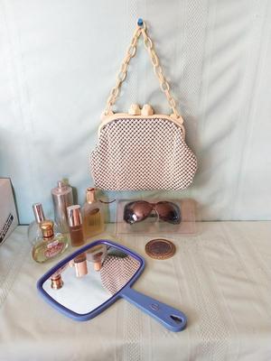 LADIES PURFUMES-SUNGLASSES-HAND MIRROR AND UNIQ UE CLUTCH PURSE