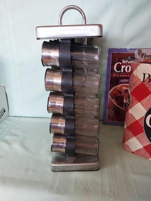 SPICE HOLDER & BOTTLES AND COOKBOOKS