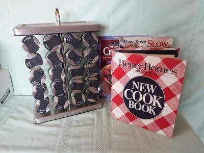 SPICE HOLDER & BOTTLES AND COOKBOOKS