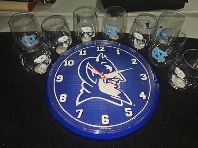 Sale Photo Thumbnail #276: NCAA Kansas Jayhawks UNC Tarheels Duke Bluedevils Glasses Clock Lot