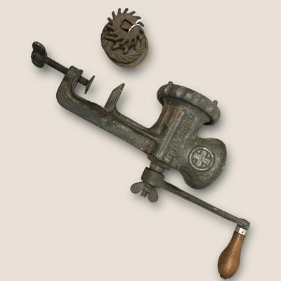 Sale Photo Thumbnail #568: Vintage Griswold Meat Grinder w Table Clamp & Hand Crank +Blades
