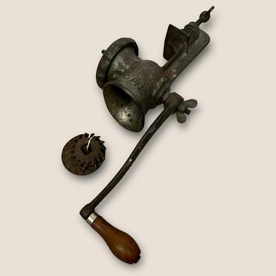 Sale Photo Thumbnail #574: Vintage Griswold Meat Grinder w Table Clamp & Hand Crank +Blades