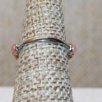 Size 7¼ Pink Globes & Clear Stones Accents Ring on Half Silver Tone Band (1.9g)