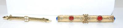 Collection of 2 BAR STYLE BROOCHES - 2ith 2 Blue Stones and 2 Red Stones (2¼" x ¼") & 4 Faux Pearls with Pointed Ends...