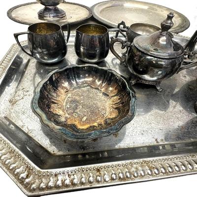 Sale Photo Thumbnail #607: Lot of Silverplated Trays, Cups, Gravy Boat, Etc.
