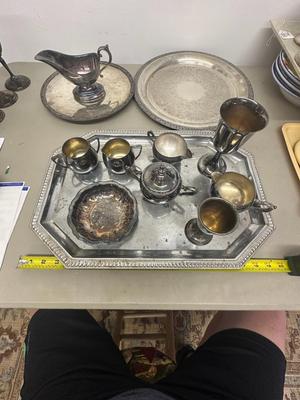 Sale Photo Thumbnail #615: Lot of Silverplated Trays, Cups, Gravy Boat, Etc.