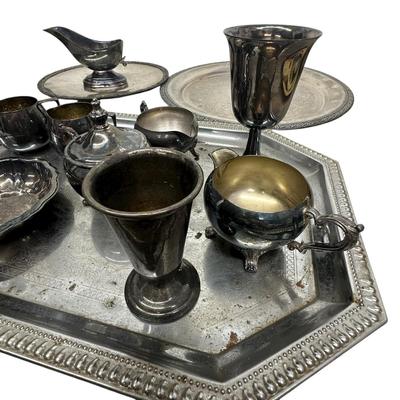 Sale Photo Thumbnail #609: Lot of Silverplated Trays, Cups, Gravy Boat, Etc.