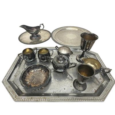 Sale Photo Thumbnail #605: Lot of Silverplated Trays, Cups, Gravy Boat, Etc.