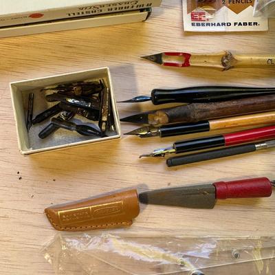 Sale Photo Thumbnail #621: Vintage Misc. Box of Art Supplies, Calligraphy Pens and Nibs, Drawing Leads, Eraser Stix, Transfer Pencils, Utility Knife, New Arc Ruler