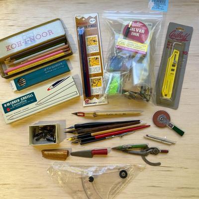 Sale Photo Thumbnail #618: Vintage Misc. Box of Art Supplies, Calligraphy Pens and Nibs, Drawing Leads, Eraser Stix, Transfer Pencils, Utility Knife, New Arc Ruler