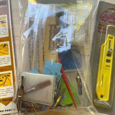Sale Photo Thumbnail #623: Vintage Misc. Box of Art Supplies, Calligraphy Pens and Nibs, Drawing Leads, Eraser Stix, Transfer Pencils, Utility Knife, New Arc Ruler