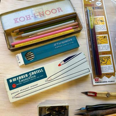 Sale Photo Thumbnail #619: Vintage Misc. Box of Art Supplies, Calligraphy Pens and Nibs, Drawing Leads, Eraser Stix, Transfer Pencils, Utility Knife, New Arc Ruler