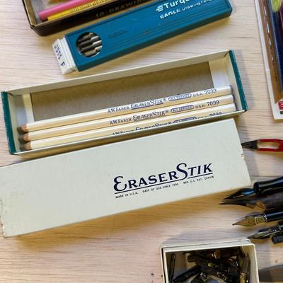 Sale Photo Thumbnail #620: Vintage Misc. Box of Art Supplies, Calligraphy Pens and Nibs, Drawing Leads, Eraser Stix, Transfer Pencils, Utility Knife, New Arc Ruler