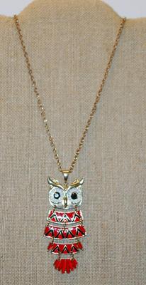 Blue/Black Eyed Owl PENDANT (3¼" x 2¼") in 5 Moveable Red/Black Sections on a Gold Tone Necklace Chain 28" L