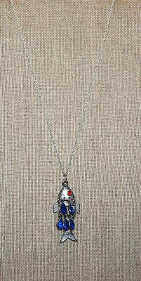 RED EYED Segmented SILVERFISH PENDANT (2" X 1") WITH 5 Blue TEARDROP DANGLE Accent Stones & Silver Tone Necklace Chain...