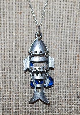 RED EYED Segmented SILVERFISH PENDANT (2" X 1") WITH 5 Blue TEARDROP DANGLE Accent Stones & Silver Tone Necklace Chain...