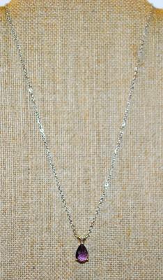 Deep Purple Pear Shape Double Hooked PENDANT (½" x ½") on a Silver Tone Necklace Chain 17" L