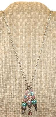 Blue & Pink Dangles Bead on a Silver Tone Necklace Chain 26" L