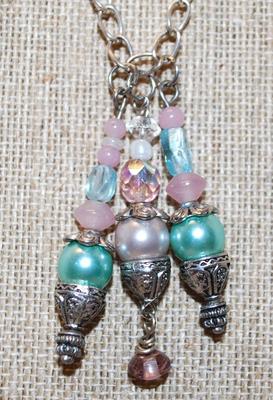 Blue & Pink Dangles Bead on a Silver Tone Necklace Chain 26" L