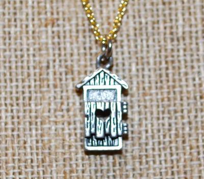 Silver "Outhouse" PENDANT (¾" x ¼") on a Gold Tone Adjustable Necklace Chain 18-14" L