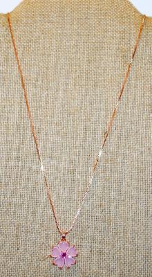 Opaque Pink Petals Flower PENDANT (¾" Diam.) & Deeper Pink Center on a Rose Gold Necklace Chain 17" L