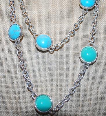 Vintage "TRIFARI" BRAND Faux Turquoise Silver Tone Necklace on a Silver Tone Chain 32" L