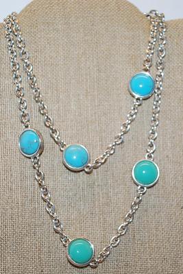 Vintage "TRIFARI" BRAND Faux Turquoise Silver Tone Necklace on a Silver Tone Chain 32" L