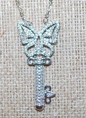 Brilliant Cluster Stones Butterfly Styled KEY PENDANT 1½" x ¾" on a Silver Tone Necklace Chain 17" L