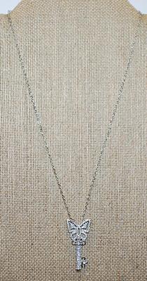 Brilliant Cluster Stones Butterfly Styled KEY PENDANT 1½" x ¾" on a Silver Tone Necklace Chain 17" L
