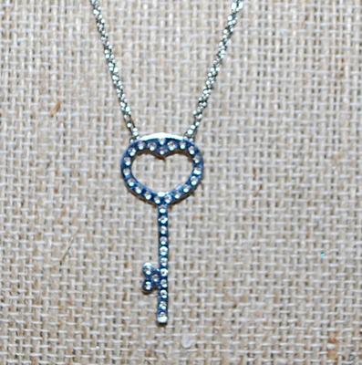 Small HEART Shape KEY PENDANT 1" x ½" on a Silver Tone Necklace Chain 16" L
