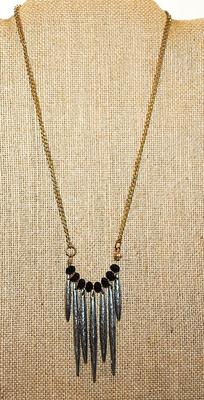Vintage Style Hammered Spears & Black Beaded PENDANT (2½") on a Brass Colored ADJUSTIBLE Necklace Chain 16"-18" L