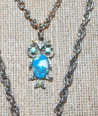 Blue with Green Eyes "Mother Owl & Baby" PENDANTS (2" x 1")(1" x ½") on a Silver Tone Necklace Chain...