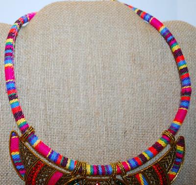 Gorgeous Colorful Tribal Style Necklace Size: 12" Neck Size & 3 Moveable Metal Accents 7" Across