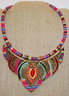 Gorgeous Colorful Tribal Style Necklace Size: 12" Neck Size & 3 Moveable Metal Accents 7" Across